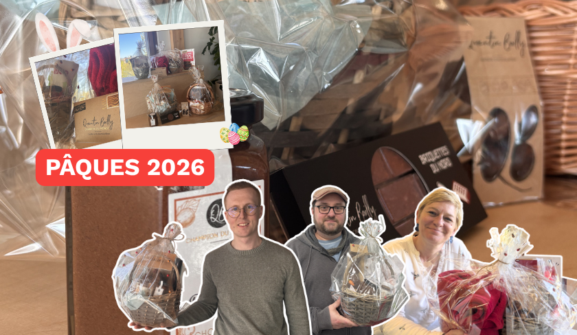 Image illustrant les collaborateurs avec leurs paniers en chocolats de Pâques