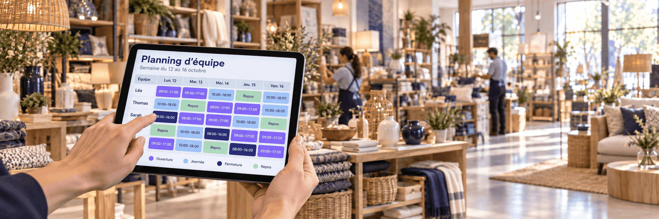 Responsable de magasin consultant le planning de son équipe sur une tablette en début de journée