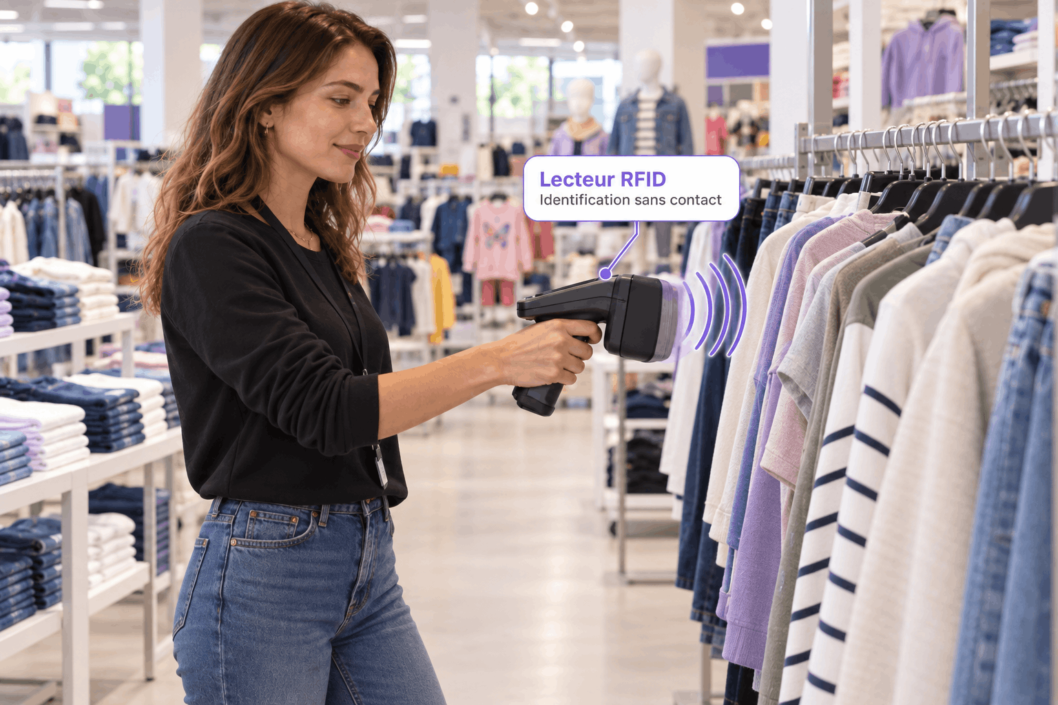 Conseillère de vente lisant un portant de vêtements avec un lecteur RFID portatif en boutique